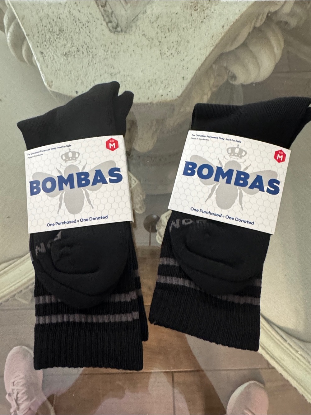 Bombas Men's Black Crew Socks with Gray Stripe Accents (2-Pack)